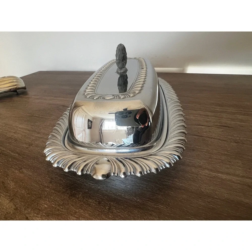 Vintage Chrome Butter Dish with Domed Lid and Ornate Feathered Edge